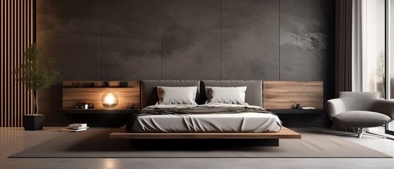 Modern bedroom interior with a comfortable bed and minimalist decor Interior design and lifestyle concept