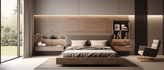 Modern bedroom interior with a comfortable bed and minimalist decor Interior design and lifestyle concept