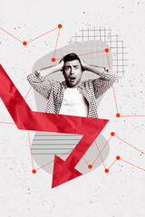 Vertical photo collage of astonished shocked guy businessman hold head arrow decline failure loss...