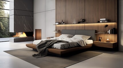 Modern bedroom interior with a comfortable bed and minimalist decor Interior design and lifestyle concept
