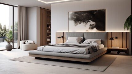 Modern bedroom interior with a comfortable bed and minimalist decor Interior design and lifestyle concept
