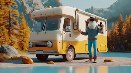 Old man with long beard standing beside a retro RV camper van in a scenic outdoor landscape with mountains and trees. 3D character illustration.
