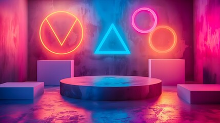 Captivating Neon Backdrop with Dynamic Geometric Shapes for Trendy Product Displays