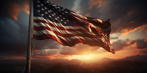 American flag flutters against the sky and sunset. . Banner for Flag Day, Independence Day, Memorial Day.