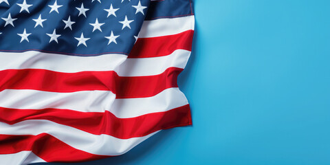 American flag on blue background. Banner for Flag Day, Independence Day, Memorial Day. Flat lay, top view. Copy space for text. Mock up. Close up.