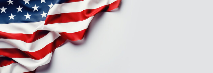 American flag on white background. Banner for Flag Day, Independence Day, Memorial Day. Flat lay, top view. Copy space for text. Mock up. Close up.