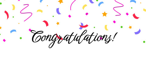 Congratulations paper confetti sign. Congratulations confetti banner. Congrats card with color confetti, congratulation lettering banner