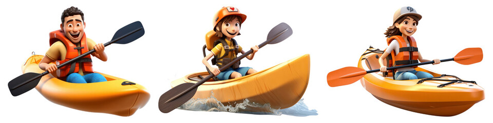 Woman and man Adventure paddle a kayak png element set on transparent background