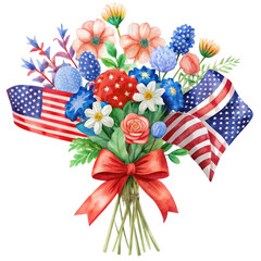 Obraz premium Bouquet of flowers and flags of the USA on a transparent background