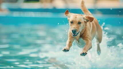 A young yellow labrador retriever jumps out of a swimming pool.