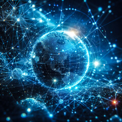 Abstract blue technology background with a cyber network grid and connected particles blue light and orange light. Artificial neurons, global data connections robot - Generative AI