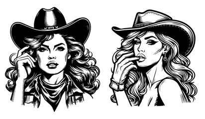 black and white pin-up style cowgirl drawing