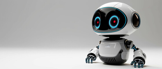 A small cute robot with big eyes is standing on a white background. The robot is white and gray with blue eyes. It has a friendly expression on its face.