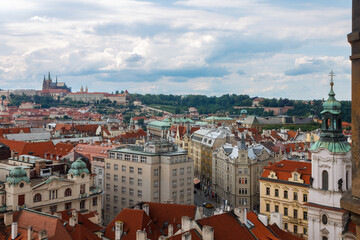 Aerial view of the rooftops of the historical buildings in Prague, Czech Republic