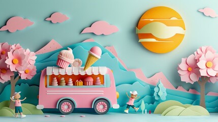 Obraz premium Whimsical 3D paper art of an ice cream truck in a pastel landscape, with mountains and trees, perfect for summer illustration.