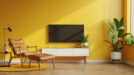 TV cabinet in a contemporary living room with a yellow wall backdrop, a leather armchair, and a plant.