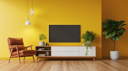 TV cabinet in a contemporary living room with a yellow wall backdrop, a leather armchair, and a plant.
