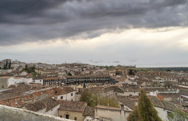 Panoramic views of the medieval village of Chinchon on a cloudy day.