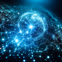 Abstract blue technology background with a cyber network grid and connected particles blue light and orange light. Artificial neurons, global data connections robot - Generative AI