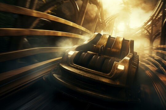 Dramatic image of an empty roller coaster speeding along tracks with golden sunset light
