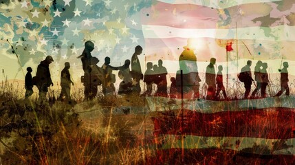  Immigrants, American flag, tech-inspired approach, contemporary digital art, UHD.