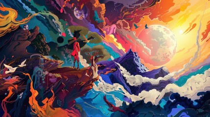 Fototapeta premium Immigrants, American history, bright and colorful fantasy illustrations, contemporary abstract digital art, 8k