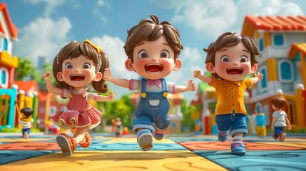 Group of 3D realistic cartoon children enjoying various playground activities, including climbing, swinging, and running, capturing the essence of playful interaction