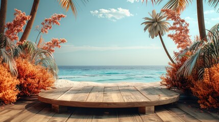 A breathtaking view of a turquoise ocean from a wooden deck, flanked by lush tropical palms and plants under a clear sunny sky