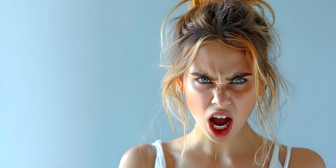 Angry young woman shouting in a portrait against a gray background. Concept Portrait Photography, Emotional Expression, Gray Background, Angry Woman, Intense Emotion