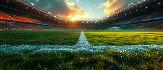 soccer field on green grass field under blue sky, football field, soccer sport stadium with...