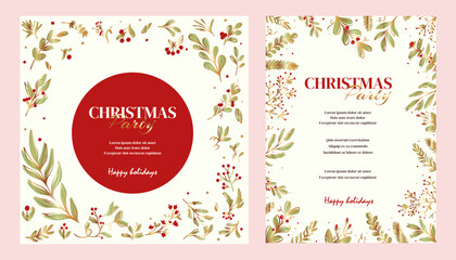 Christmas party invitation poster background in trendy flat style. Merry and Bright Corporate Holiday cards. Universal abstract creative artistic templates