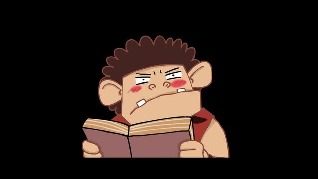 Animated Caveman Reading a Book - Transparent Background