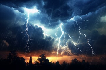 Electrifying Thunder lighting. Dramatic energy rain. Generate Ai