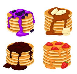 Set of four pancakes with different toppings. Stacks of tasty pancakes with maple syrup, butter, chocolate syrup, fruits and jam. Hotcake morning cuisine.