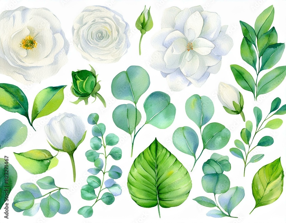 Wall mural watercolour floral illustration set. white flowers, green leaves individual elements collection. ros - Wall murals
