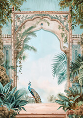 Beautiful illustration of Peacock with ornaments archway, wedding invitation background, wedding backdrops, indian wedding