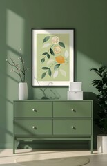 A framed poster hung on the wall above a green sideboard with light beige and white tones