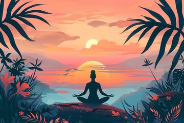 Serene scene of a woman meditating at sunrise in a tropical landscape, surrounded by lush plants and vibrant colors, inspiring tranquility.
