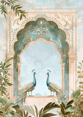 Beautiful illustration of Peacock with ornaments archway, wedding invitation background, wedding backdrops, indian wedding