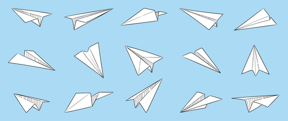 Hand drawn paper plane vector icons set. Paper plane doodle style collection different on blue background. Design for application, doodle, print, sticker, decoration.