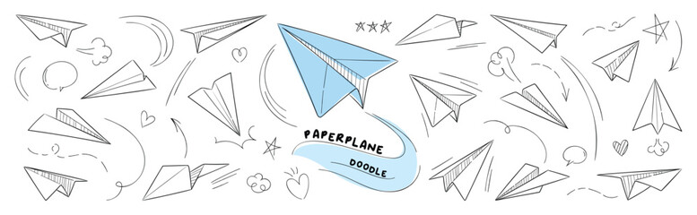 Hand drawn paper plane vector icons set. Hand drawn doodle style collection of speech bubble, star, heart, arrow. Paper plane design for application, doodle, print, sticker, decoration. © TWINS DESIGN STUDIO