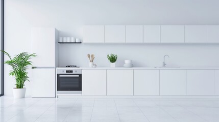 Modern white kitchen interior with furniture, kitchen interior with white wall
