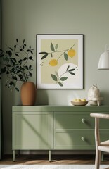 A framed poster hung on the wall above a green sideboard with light beige and white tones