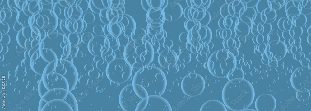 Poster soap bubbles on wide background in blue colors. realistic 3d transparent bubbles on vector illustrat