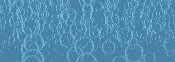 Soap bubbles on wide background in blue colors. Realistic 3d transparent bubbles on vector illustration wide banner.