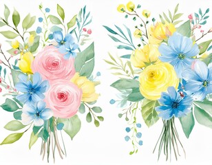 Watercolor floral bouquet illustration set - blush pink blue yellow flower green leaf leaves branches bouquets collection. Wedding stationary, greetings, wallpapers, fashion, background