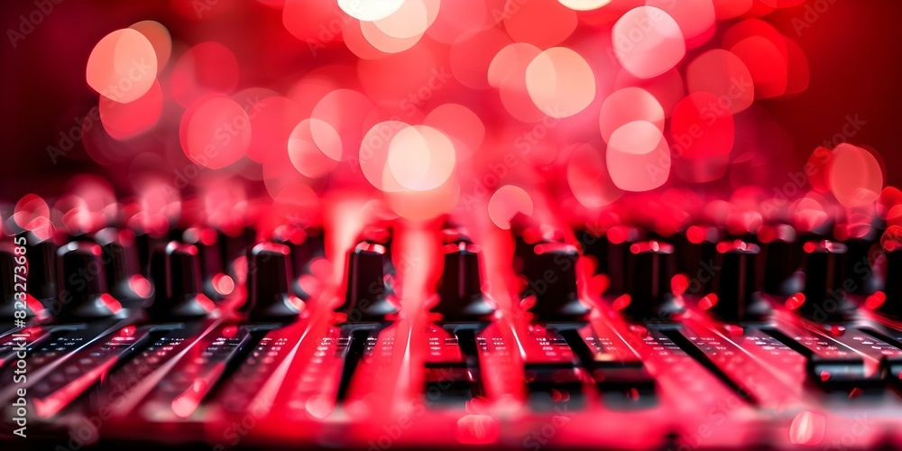 Poster ideal sound board setup with blurred lights background for music events. concept sound board setup, 