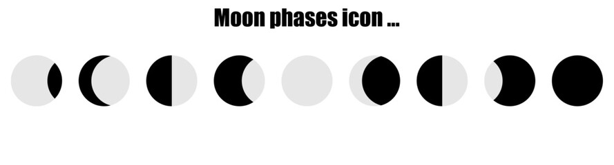 Moon phases. Crescent shape. New lunar cycle. Total eclipse black. Progress changes for calendar design, astrology and space..