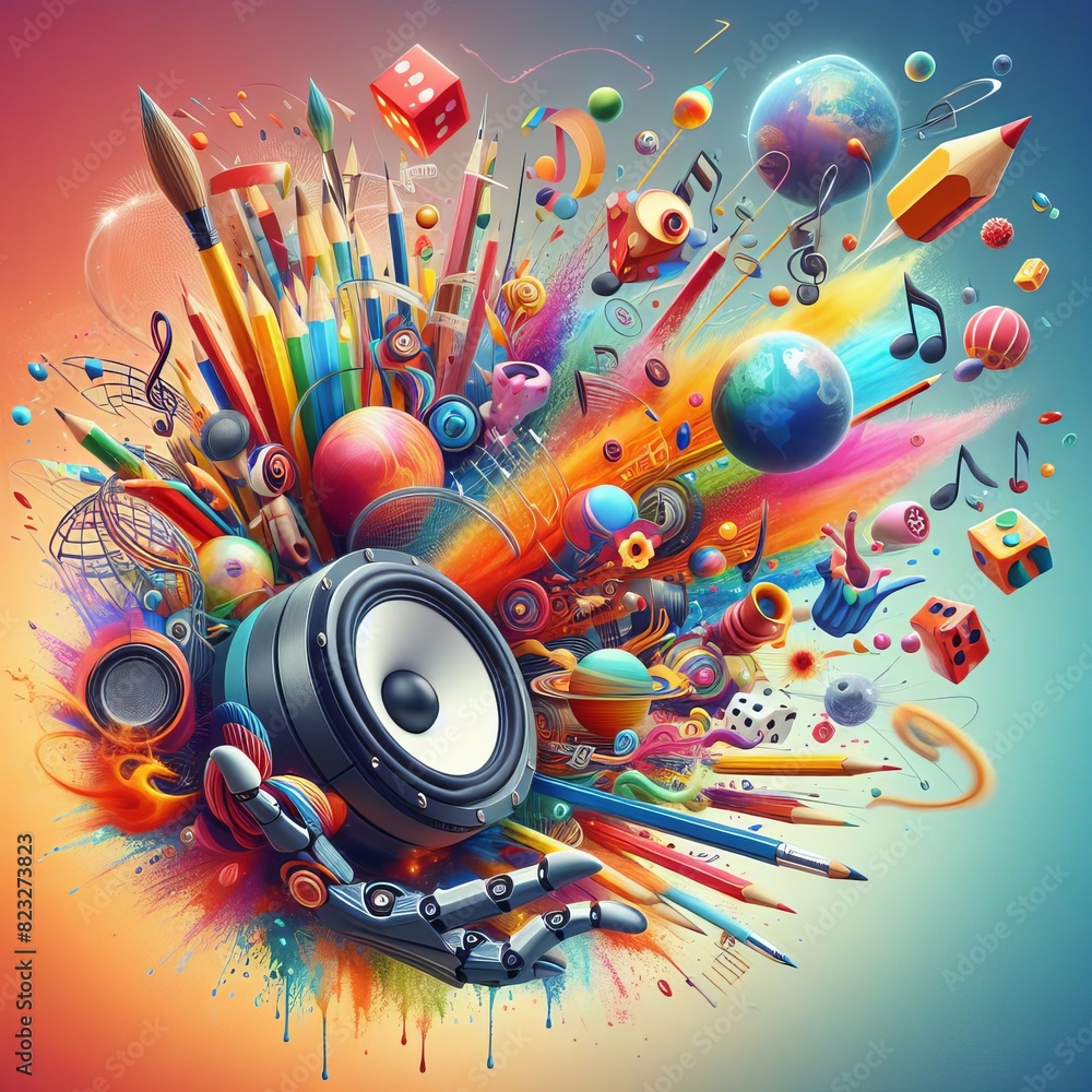 Poster vibrant artwork depicting a dynamic explosion of various creative and musical elements around a cent