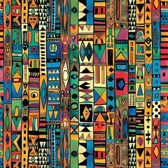 A seamless pattern with a digital illustration of African tribal motifs